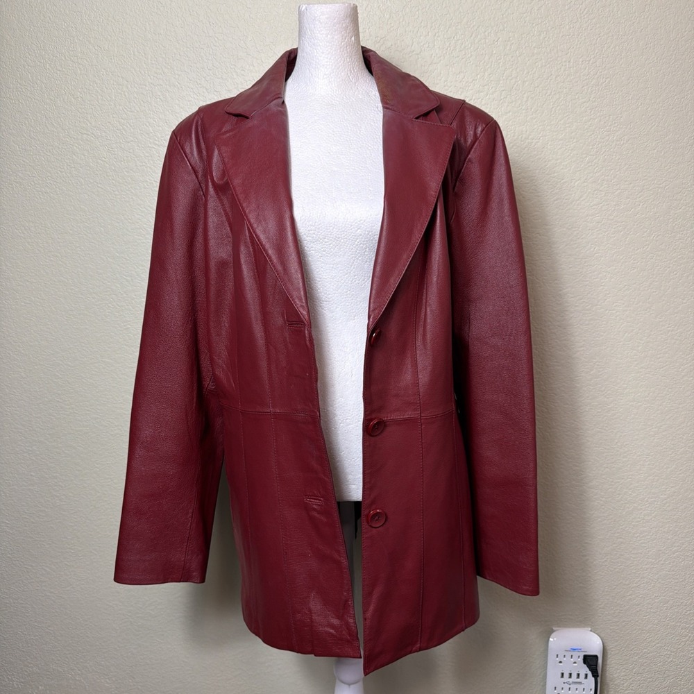 Worthington Leather Jacket Large Red Blazer Button Coat Maroon Burgundy Vintage